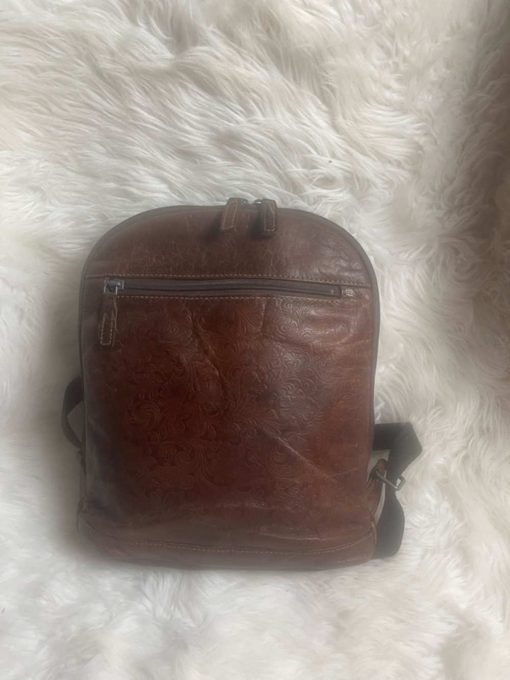 Jack Georges Voyager Brown Embossed Leather small backpack padded Nylon back